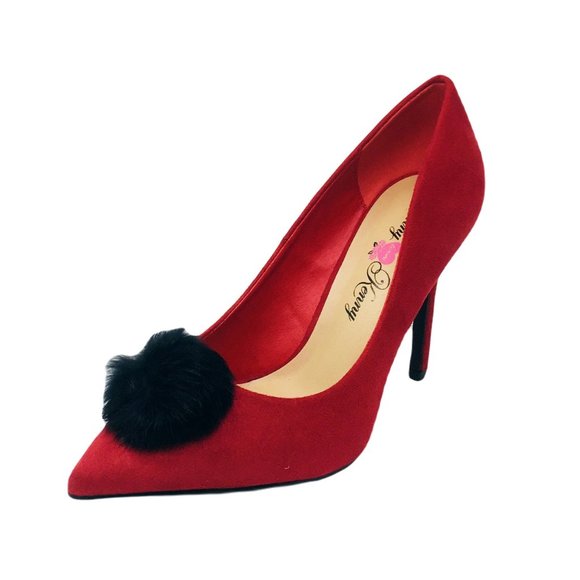 Penny Loves Kenny Manner Vegan Suede Pom Pointed Toe Pump Heels Red 12 Wide - Picture 2 of 8